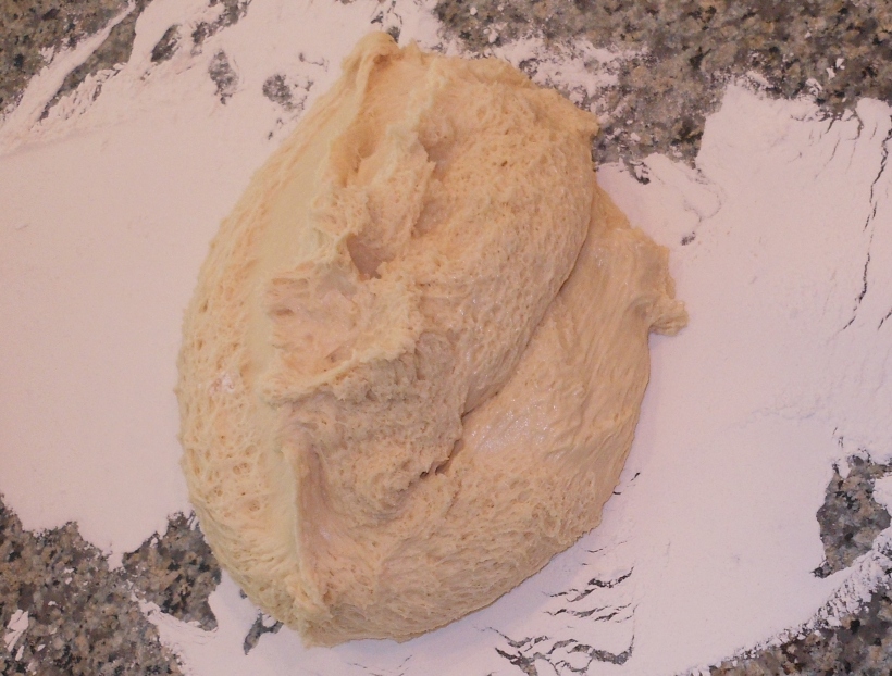 Remember, the dough will be quite wet, so put it on a well floured surface.  I dumped mine on my counter top.