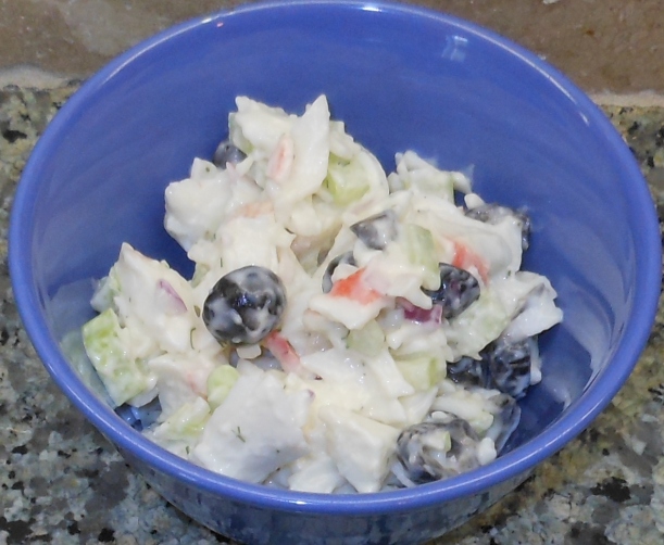 And, Voila! You have a super simple "crab" salad. Serve it over lettuce or with avocado. It's especially good with avocado! 